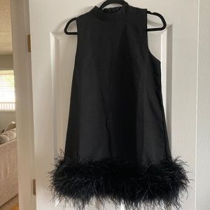 Black party, dance, cocktail mini dress with faux feather hem